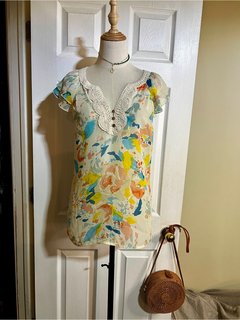 Sanctuary Wms Crochet Cotton Chiffon Sheer Pastel Flutter Sleeve Boho Top S
